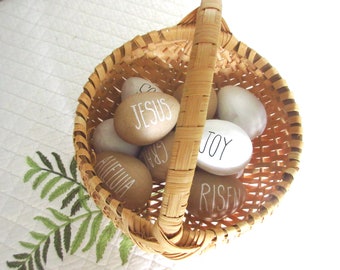 Easter Eggs Set of Five Paper Mache Eggs Farmhouse Lettering Joy Risen Jesus Alleluia Grace Tan with White or White with Black Lettering