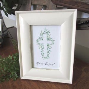 He Is Risen Christian WORD Art Easter Art Greenery Cross Art Easter Cross in Creamy White Lightly Distressed Frame