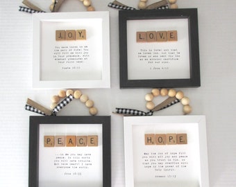 Christian Scrabble Tile Art Love Joy Peace Hope from a Biblical Perspective Bible Verse Art Beads Black White Burlap