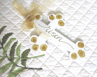 Cross  Ornament White and Gold Risen Cross Ornament White Cross with Gold Lettering and Ribbon Easter Cross Christian HomeDecor