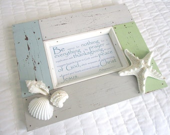Coastal Christian Verse Art: Distressed Wood Frame with Starfish