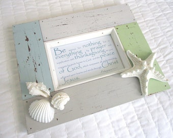 Christian Beachy Coastal WORD Art Be Anxious for Nothing Vintage Distressed Rustic Neutral Frame Phil 4:5-7