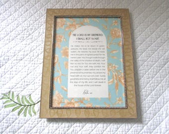 Framed Christian Wall Art:  Psalm 23, with Mint Toile