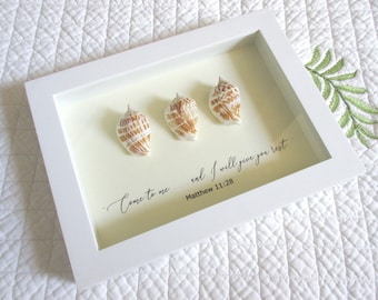 Christian WORD Art Shell Art Shadowbox Frame Come to Me and I Will Give You Rest Neutral Coastal Beachy Cream & White with Brown Shells