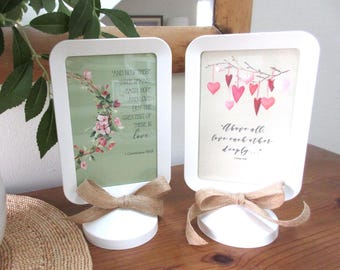 Christian Valentine Art: Tabletop Two-Sided White Frame with Love Bible Verses