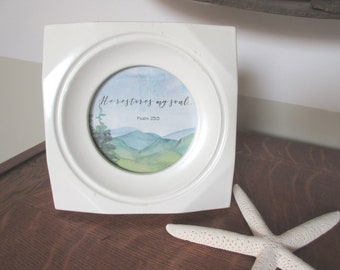 Christian Home Decor Creamy White Round Frame with Mountains and Valleys Watercolor Art He Restores My Soul