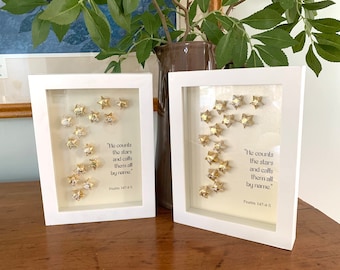 Christian Home Decor WORD Art He Counts the Stars  Wall Shelf Art Gold and White Neutral Art Origami Stars Shadowbox Art Psalm 147:4