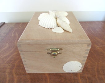 Come To Me Wooden Box with Hinged Lid and White Shells Matthew 11:28 Small Wooden Box Shell Art Coastal Decor Beach Remote Storage