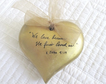 Christian Valentine Bible Verse on Chunky Gold Heart with Ribbon Gift Boxed We Love Because or I Have Found the One Verse John Solomon