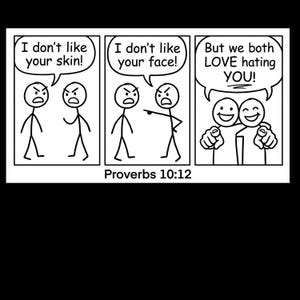May include: A black and white comic strip featuring stick figures. The first panel reads "I don't like your skin!". The second panel reads "I don't like your face!". The third panel reads "But we both LOVE hating YOU!" and "Proverbs 10:12".