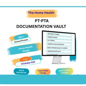 May include: A digital graphic promoting a PT-PTA Documentation Vault. The image features a computer screen displaying a list of training topics. Additional elements include text bubbles with phrases like "Clinical Phrases" and "Clickable PDF."