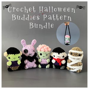 May include: A collection of five small crochet plush toys featuring a green monster, a purple rabbit with a button eye, a pink-haired creature, a vampire with a red scarf, and a mummy wrapped in white yarn, plus a hanging zombie keychain.