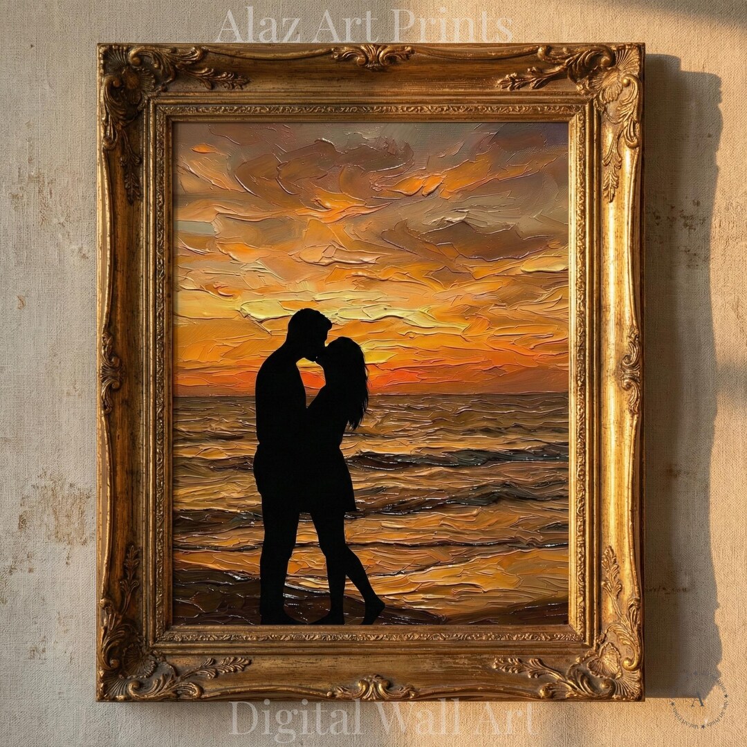 Romantic Sunset Couple Oil Painting Print, Moody Vintage Bedroom Wall ...