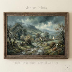 Puede incluir: Una impresión enmarcada de un paisaje rural con un camino de tierra que conduce a cabañas bajo un cielo tormentoso. La obra de arte, con el texto "Alaz Art Prints" y "High-Resolution ~Digital Wall Art", está en un marco de madera rústico.