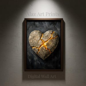 May include: Framed digital wall art featuring a textured heart design. The heart is depicted with a cracked, stone-like appearance, with glowing orange fissures. The artwork is set against a dark background and framed in a brown wooden frame. Text reads "Alaz Art Prints" and "Digital Wall Art".