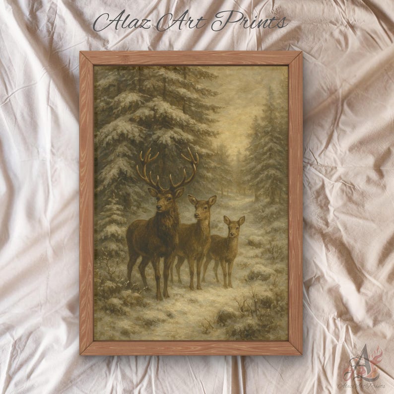 Vintage Winter Deer Family Painting, Moody Rustic Holiday Decor, Muted ...