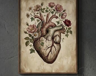 Floral Anatomical Heart Print: Dark Academia Gothic Medical Illustration Art (Digital Download)