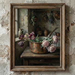 Moody Peonies Copper Pot Oil Painting Print – Dark Academia Wall Art (Digital Download)