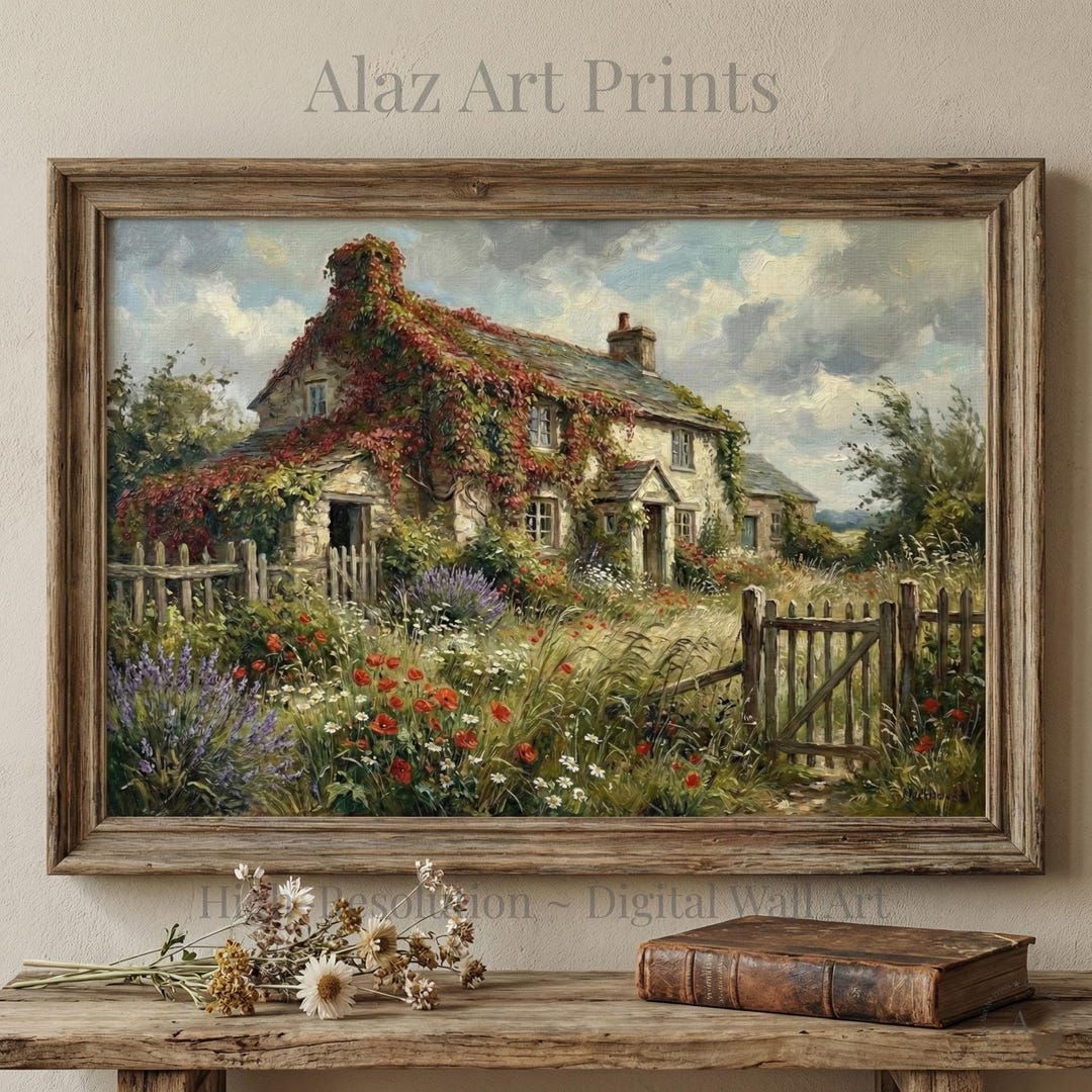 Vintage Cottage Oil Painting Print - Moody English Garden Landscape ...