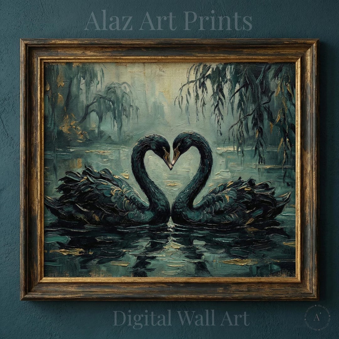 Vintage Black Swan Oil Painting Print - Moody Dark Academia Wall Art ...