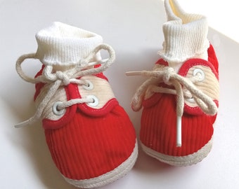 vintage red corduroy baby saddle shoes with attached socks - crib shoes - doll shoes - nursery decor