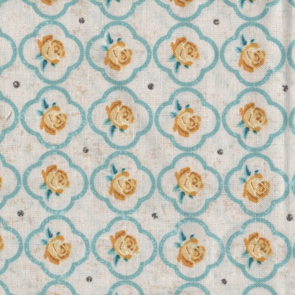 Yellow Roses with teal frame on white - cotton quilting fabric - 31"x20"