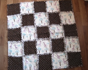 Soft Flannel Baby Rag Quilt, Fluffy Baby Tummy Time Patchwork Blanket, Purple Giraffes and Brown Dots. Baby Shower Gift, Car Seat Quilt