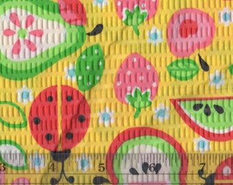 3 yd Tutti Fruitti Plisse Fabric - Yellow with Lady Bugs, Flowers, Strawberries, Watermelon - poly/cotton for spring/summer kids clothing