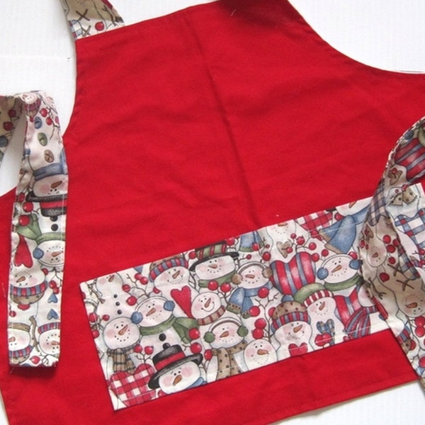 Child's Baking/Craft Apron - Lined Red apron with Funny Snowmen - Christmas - Mommy's Helper Apron