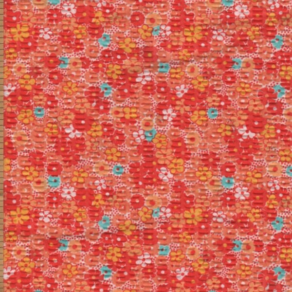 2 1/3 yd Tutti Fruitti Textured Plisse Fabric - floral calico orange peach yellow red - poly/cotton for summer clothing - seersucker