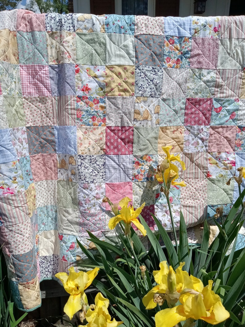 Pastel Summer Cottage Made to Order Quilt. Romantic Floral Porch Throw. ANY SIZE Twin Full Queen King Quilt, Custom Patchwork Quilt image 1