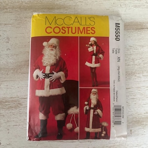May include: A McCall's Costumes sewing pattern envelope, model M5550, featuring illustrations of three different Santa Claus and holiday-themed outfits in red and white. The package includes size information for XN, Xlg-Xxl-Xxxl, and a barcode.
