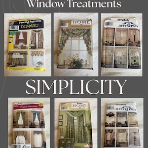 May include: A collection of sewing patterns for window treatments. The patterns feature various curtain and drape designs, with text including "Window Treatments," "Sewing Patterns," "Dummies," and "Simplicity." The patterns showcase different styles and include images of finished window treatments.
