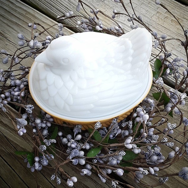 Vintage Hen Rooster Chicken Avon Milk Glass Bowl with Lid Farmhouse Rustic Cottage Country Decor