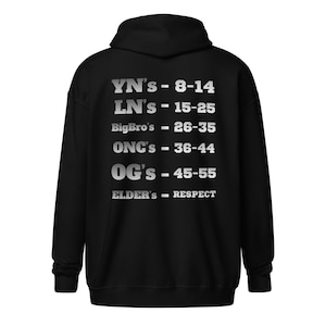 May include: Black hooded sweatshirt with silver text on the back. The text includes age ranges and phrases such as "YN's," "LN's," "BigBro's," "ONC's," "OG's," and "ELDER'S - RESPECT."