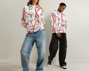Sudadera unisex de algodón con estampado integral de signos del zodiaco y corazón de San Valentín