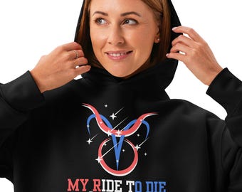 Sudadera con capucha relajada para mujer con el zodiaco Aries y Tauro en rojo, blanco y azul