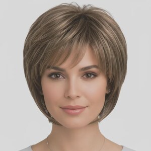 12" Short Bob Wig with Bangs: Light Brown, Mixed Blonde Highlights