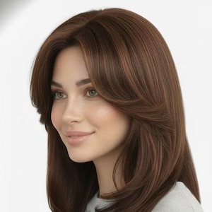 May include: A woman with long, layered brown hair. The hair has a side part and is styled with soft waves. She is wearing a light gray sweater. The background is a plain white.