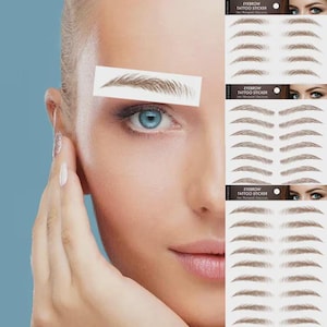 May include: A woman's face with a temporary eyebrow tattoo applied. Several sheets of eyebrow tattoo stickers are visible. The stickers are light brown and designed to mimic natural eyebrows. The packaging reads "Eyebrow Tattoo Sticker".
