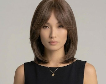 14" Bob cut Wig , 7" bang Chocolate Brown Color Straight Synthetic Wig