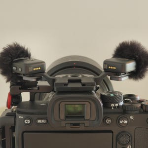 以下が含まれることがあります： 上部のホットシューブラケットに黒いふわふわしたウィンドスクリーン付きのデュアルワイヤレスマイクシステムが取り付けられた黒いデジタルカメラ。カメラ本体には、C3、MENU、C1、AF-ON、AELとラベル付けされた様々なコントロールボタンが表示されています。