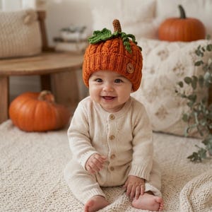 May include: A bright orange crochet pumpkin hat featuring a ribbed texture, a brown stem, and green leaves on top. The hat includes a small circular wooden tag on the side. The design mimics the appearance of a pumpkin with a cabled knit pattern.