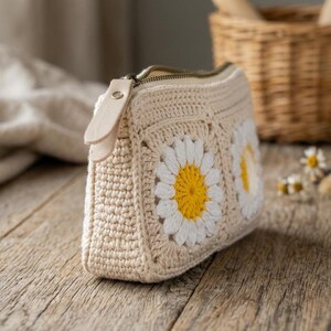 Crochet cosmetic pouch featuring daisy granny squares, textured cotton stitches, and zippered top, perfect for makeup storage and travel accessories.