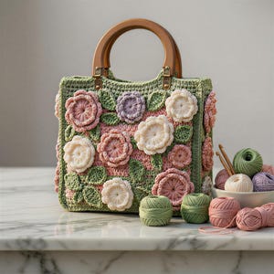 3D Floral Granny Square Crochet Bundle Handbag Tote Pattern,Wooden Handle Digital Download PDF
