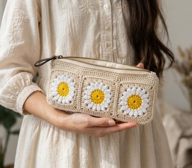 Floral crochet toiletry pouch with daisy granny square design, structured rectangular shape, zipper closure, and neutral cotton yarn aesthetic for beauty essentials.