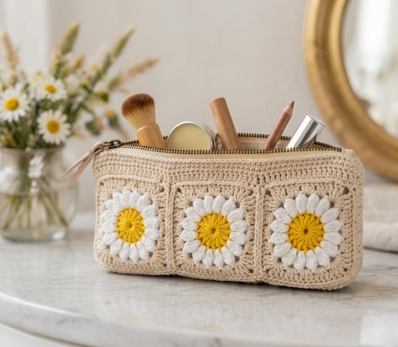 Handmade daisy granny square crochet makeup bag with zipper closure in beige cotton yarn, floral cosmetic pouch with white and yellow flower motifs.