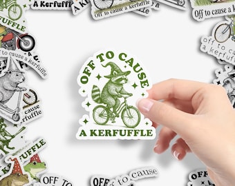 Off to Cause Kerfuffle Raccoon Stickers | Funny Sarcastic Raccoon Vinyl Sticker | Witchy Nature Animal