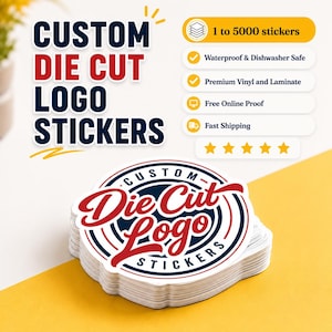 May include: A stack of custom die-cut logo stickers. The stickers are round with a red and white design on a navy blue background. The image also includes text that says "Waterproof & Dishwasher Safe" and "Free Online Proof."