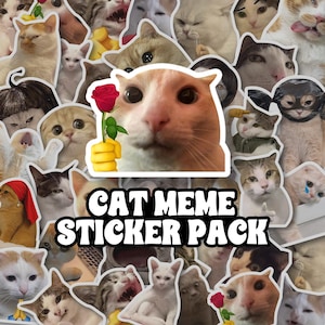 May include: A sticker pack featuring various cat meme designs. The stickers showcase different cat expressions, including a cat holding a rose. The text "CAT MEME STICKER PACK" is displayed in a bold, white font.